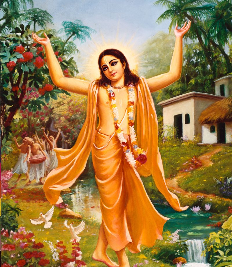 Sri Chaitanya Mahaprabhu chanting the holy names with arms raised