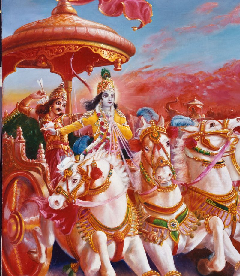 Lord Krishna speaks the Bhagavad Gita to Arjuna on the chariot at Kurukshetra
