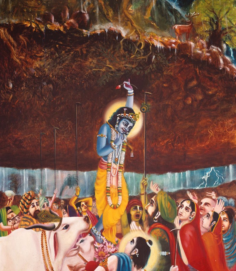 Krishna lifts Govardhan Hill to shelter the residents of Vrindavan